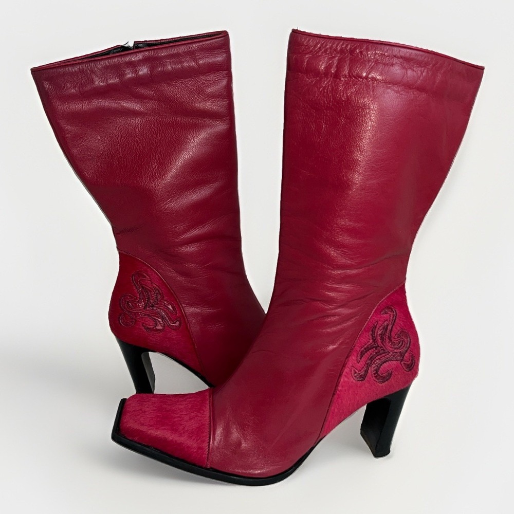 Vintage Pazzo Red Leather Embroidered Square Toe Boots Womens Size 11B 80s